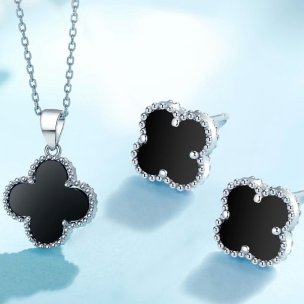 Clover 925 Sterling Silver Carnelian Black Earring And Necklace E19-4150